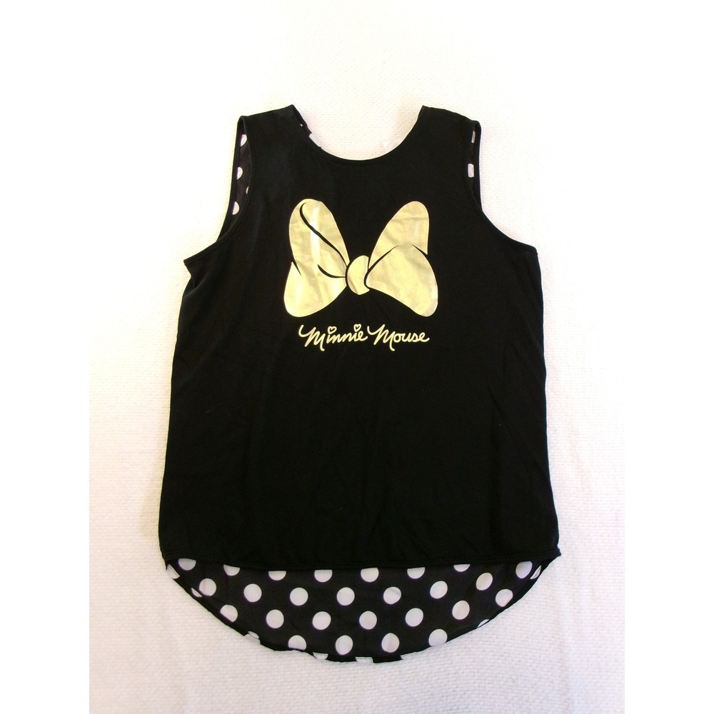 Disney Store Minnie Mouse Tank Top Gold Foil Bow Polka Dot Tie Back Black Large